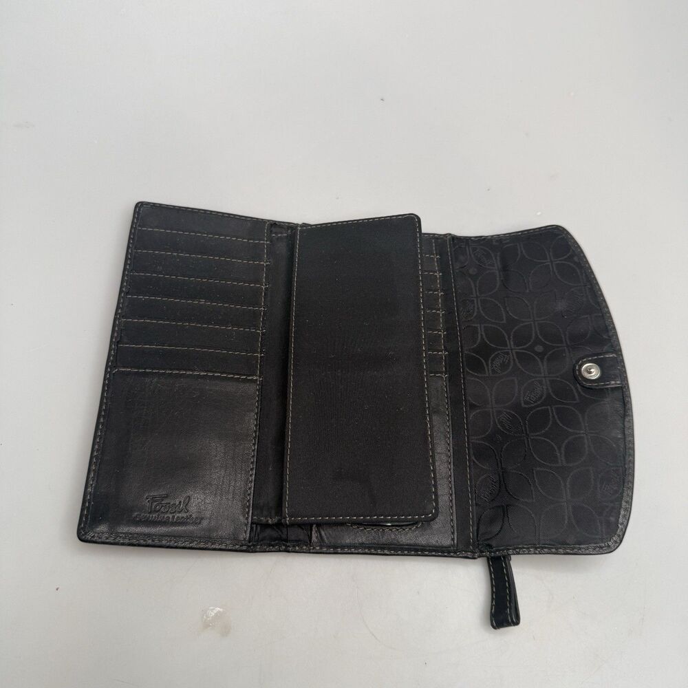 Fossil Black Leather Long Checkbook Card Holder Organizer Wallet Billfold - Picture 7 of 16